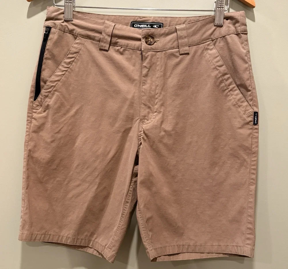 O'NEILL Hybrid Chino Shorts Size 30 Dark Khaki Zipper Button Drawstring Golf